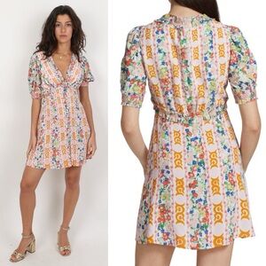 Saloni Lea Puff Sleeve Striped Floral Print Mini Dress Baby Pink Size US 4